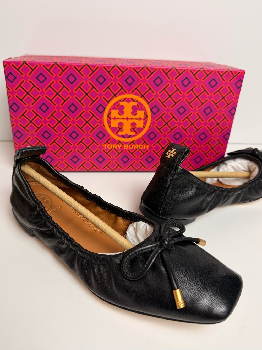 Tory Burch Square Toe Bow Ballet Flats Women Size 5 Black Nappa Leather